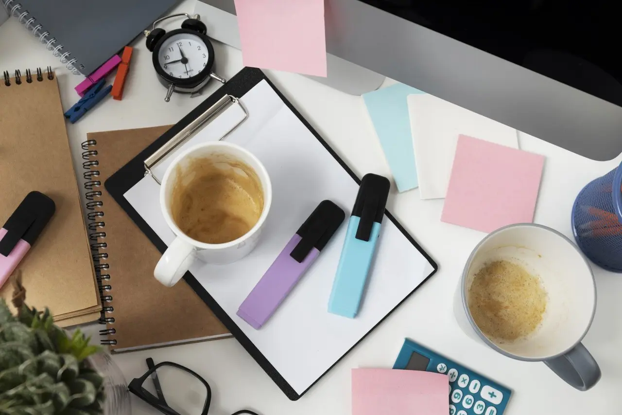 Fournitures de bureau, tasses de café et carnets pour organiser son quotidien de recherche d'emploi.