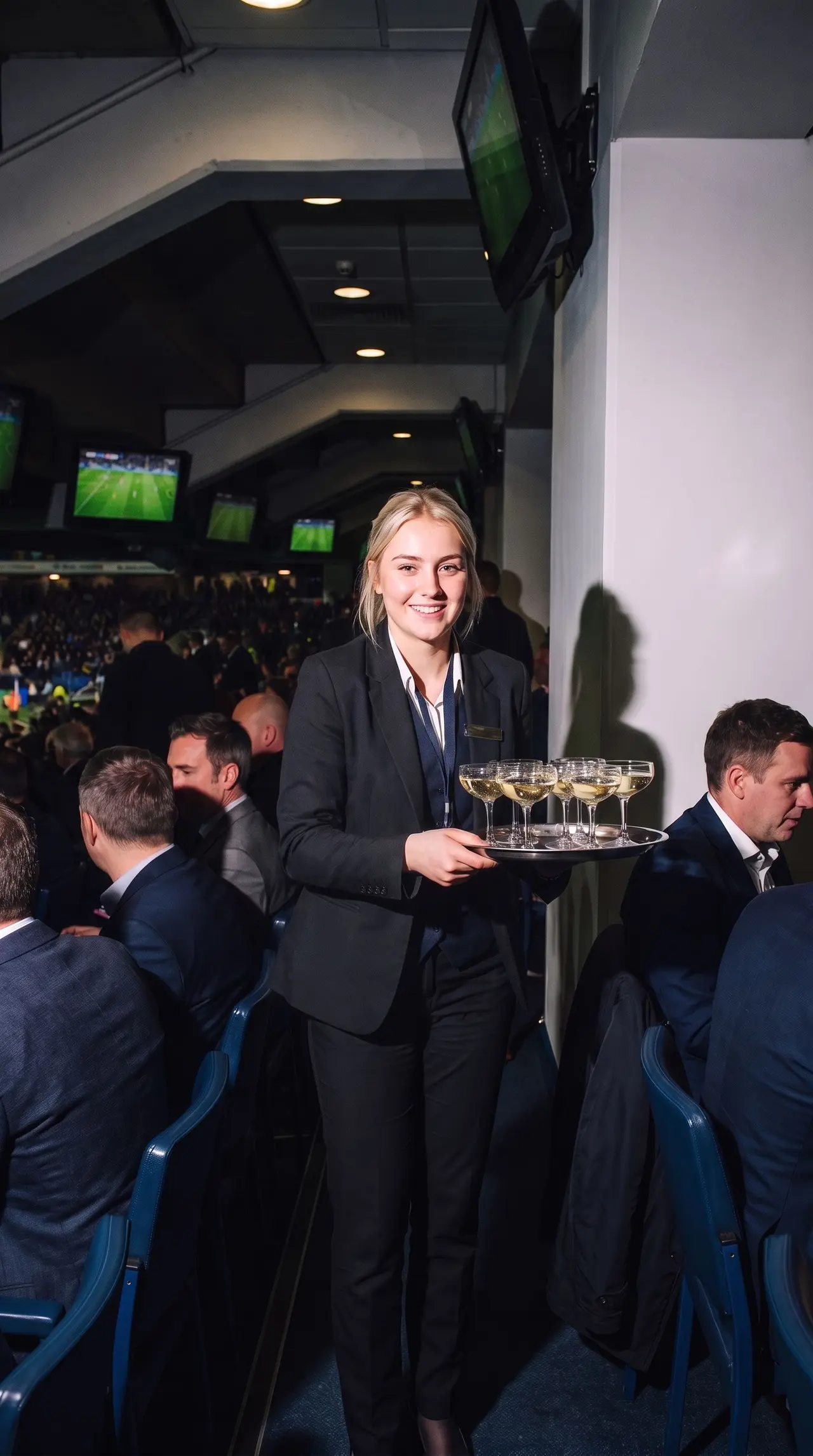 Une hôtesse souriante en costume sert des coupes de champagne dans les loges d'un stade.