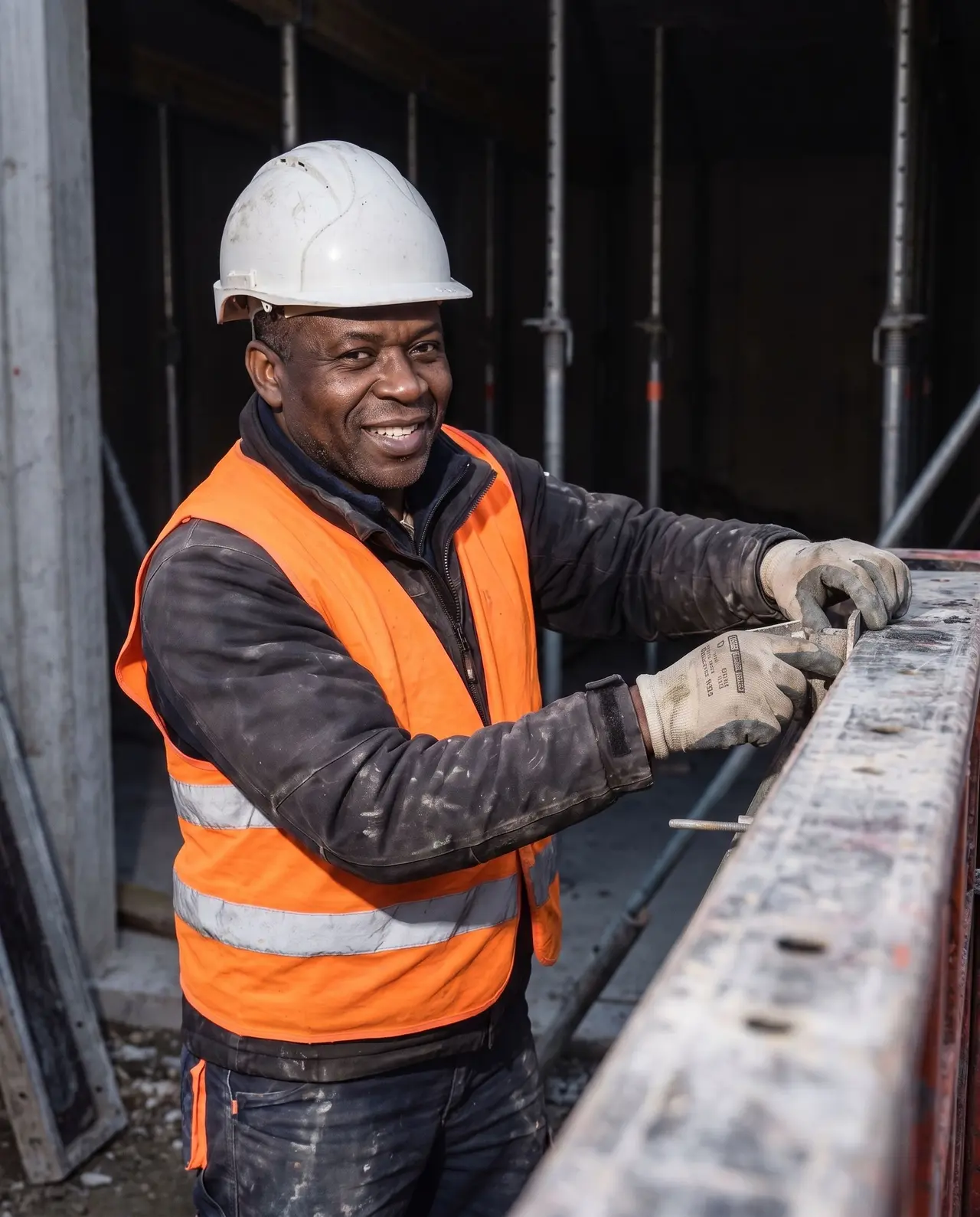 Un ouvrier du bâtiment souriant, équipé d'un casque et d'un gilet de sécurité orange, travaille sur un chantier.