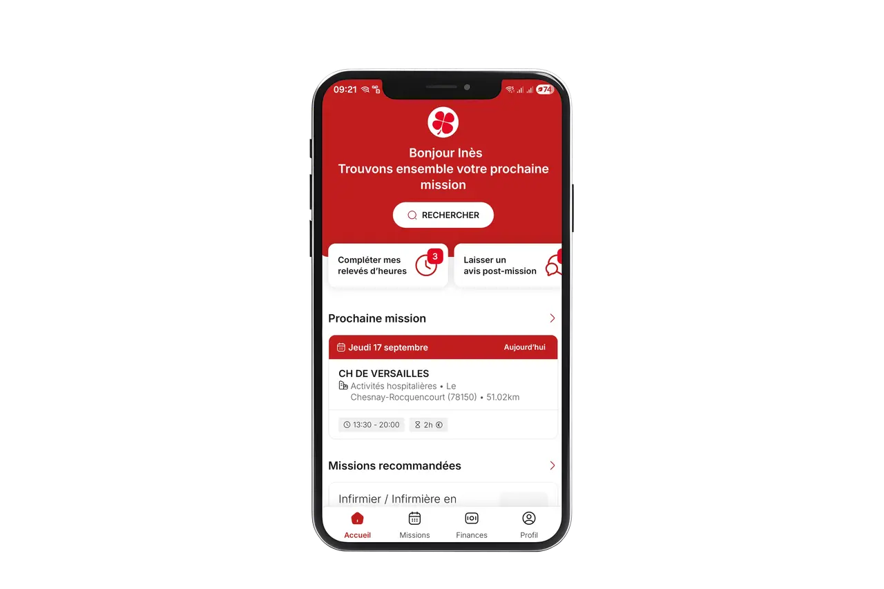 Smartphone affichant l'interface de l'application mobile Staff Médical.