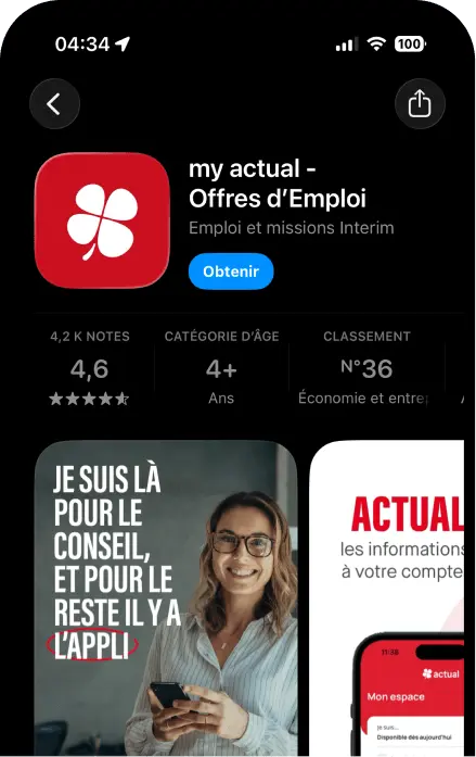 Aperçu de l'application mobile "my actual - Offres d'Emploi" sur l'App Store.