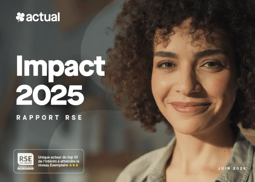 Couverture du rapport RSE « Impact 2025 » d'Actual, avec le portrait d'une femme souriante.