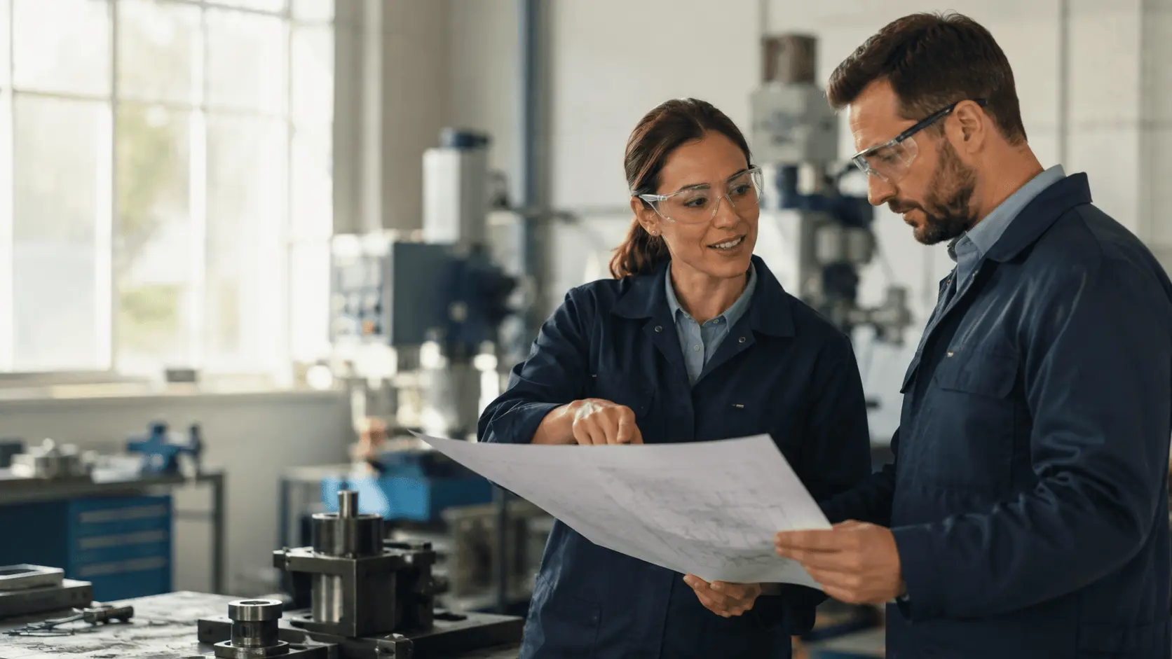 Une technicienne et un technicien en bleu de travail examinent un plan dans un atelier industriel.
