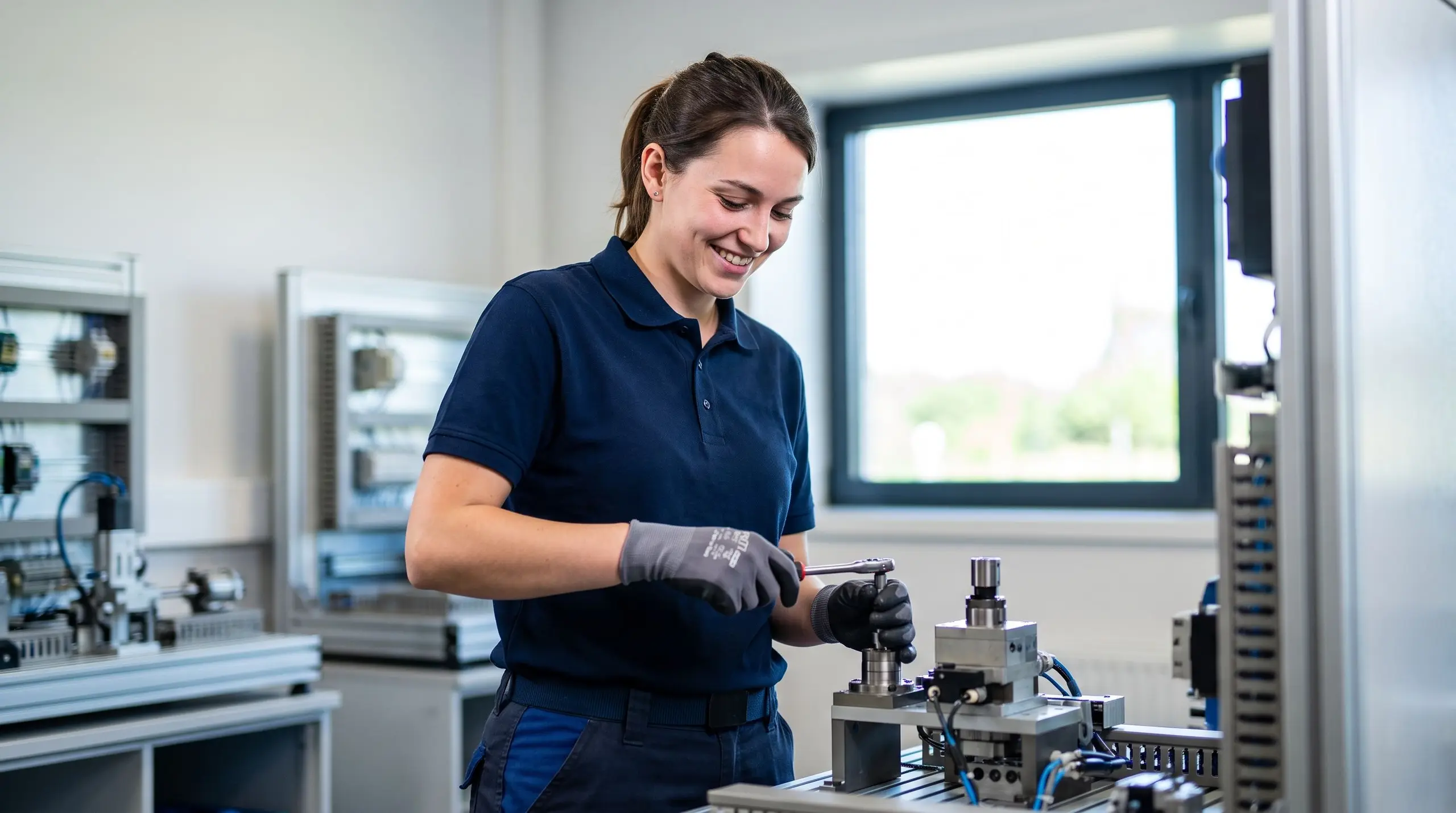 Une femme souriante manipule un équipement lors d'une formation professionnelle.