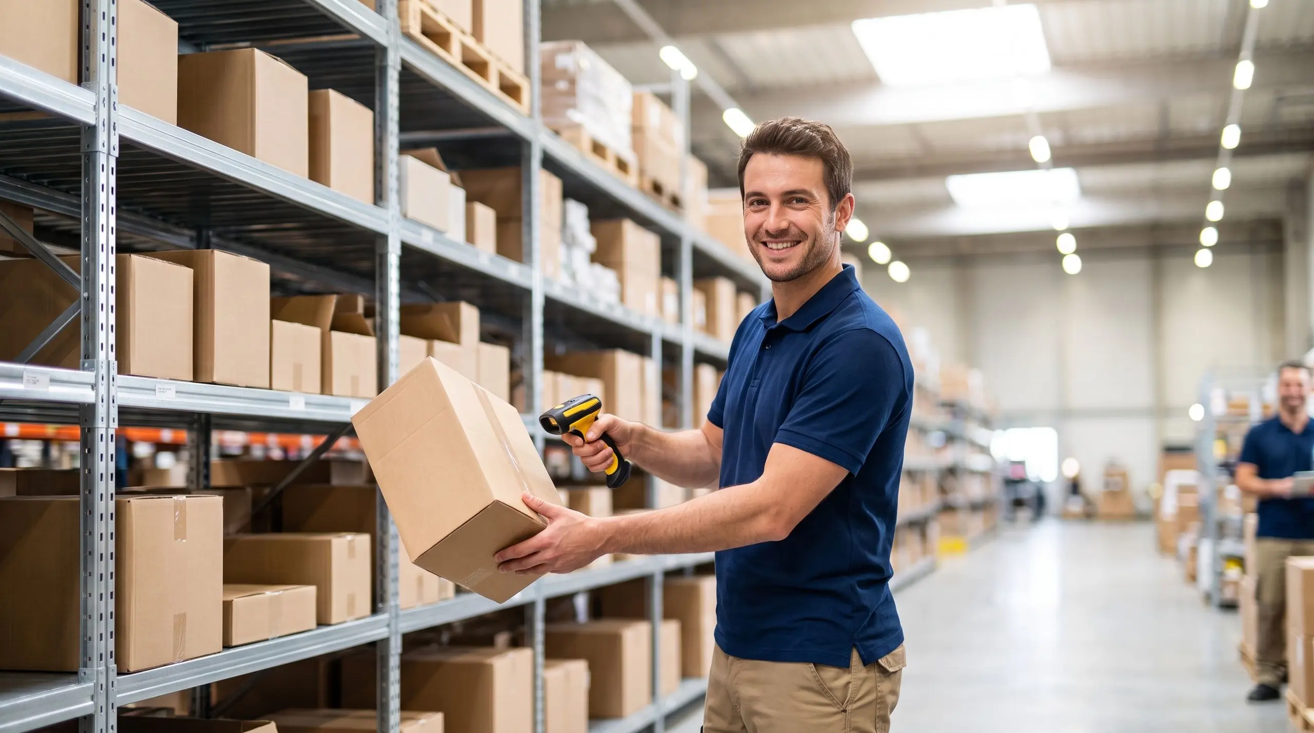Un préparateur de commandes souriant scanne un carton dans un entrepôt logistique.
