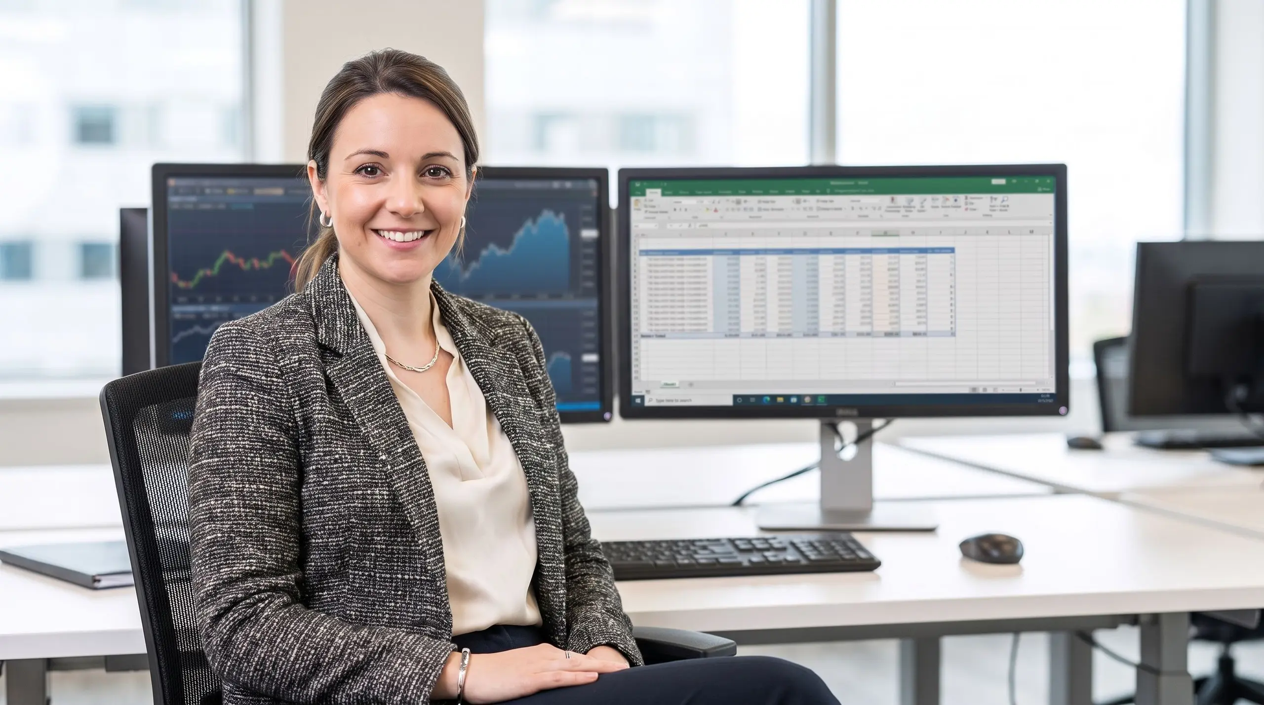 Une professionnelle souriante à son bureau devant des écrans d'analyse de données.