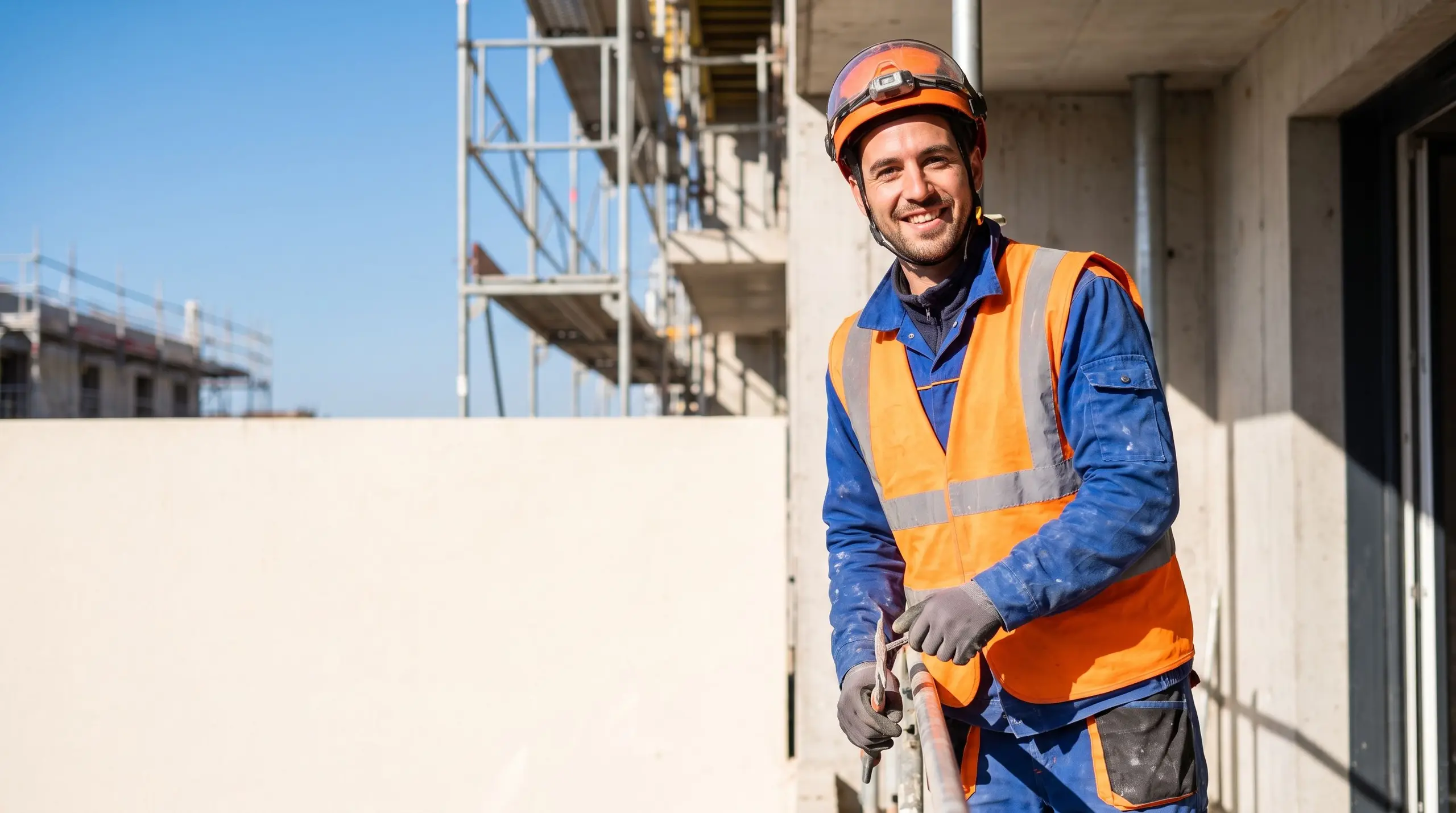 Un ouvrier du bâtiment souriant, équipé d'un casque et d'un gilet de sécurité, sur un chantier.