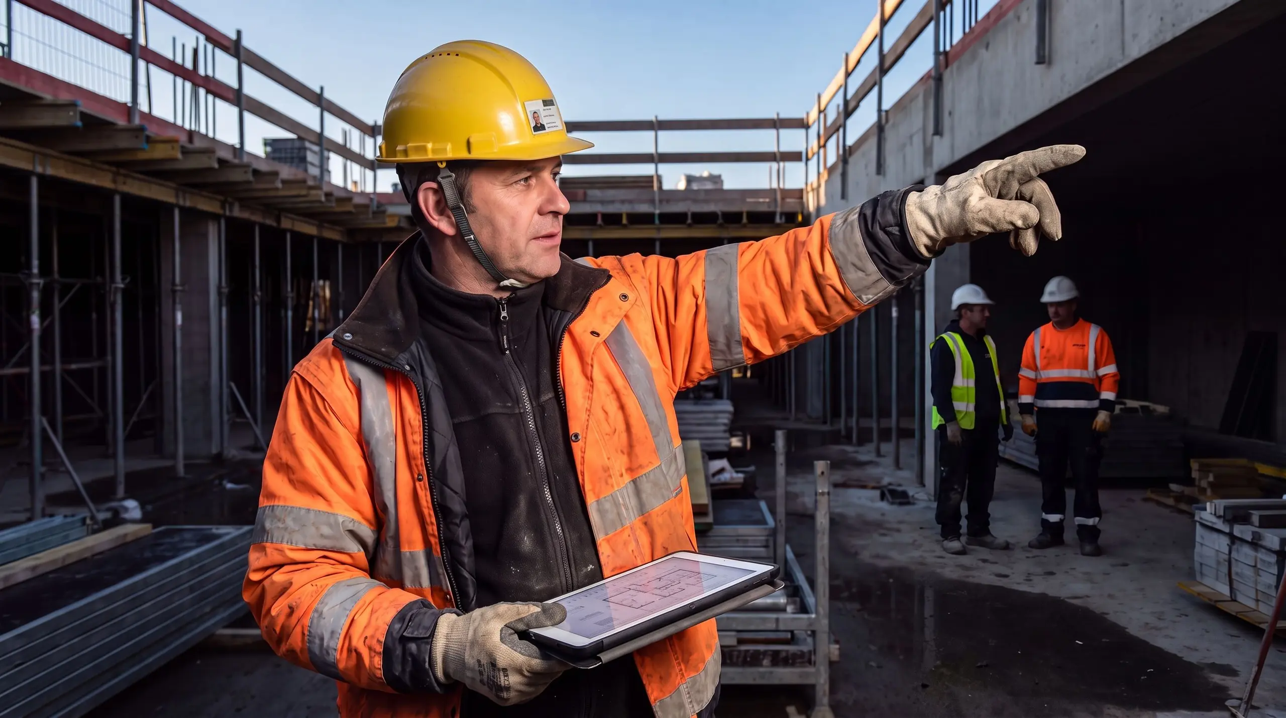 Chef de chantier équipé montrant une direction, une tablette tactile à la main, sur un site de construction.