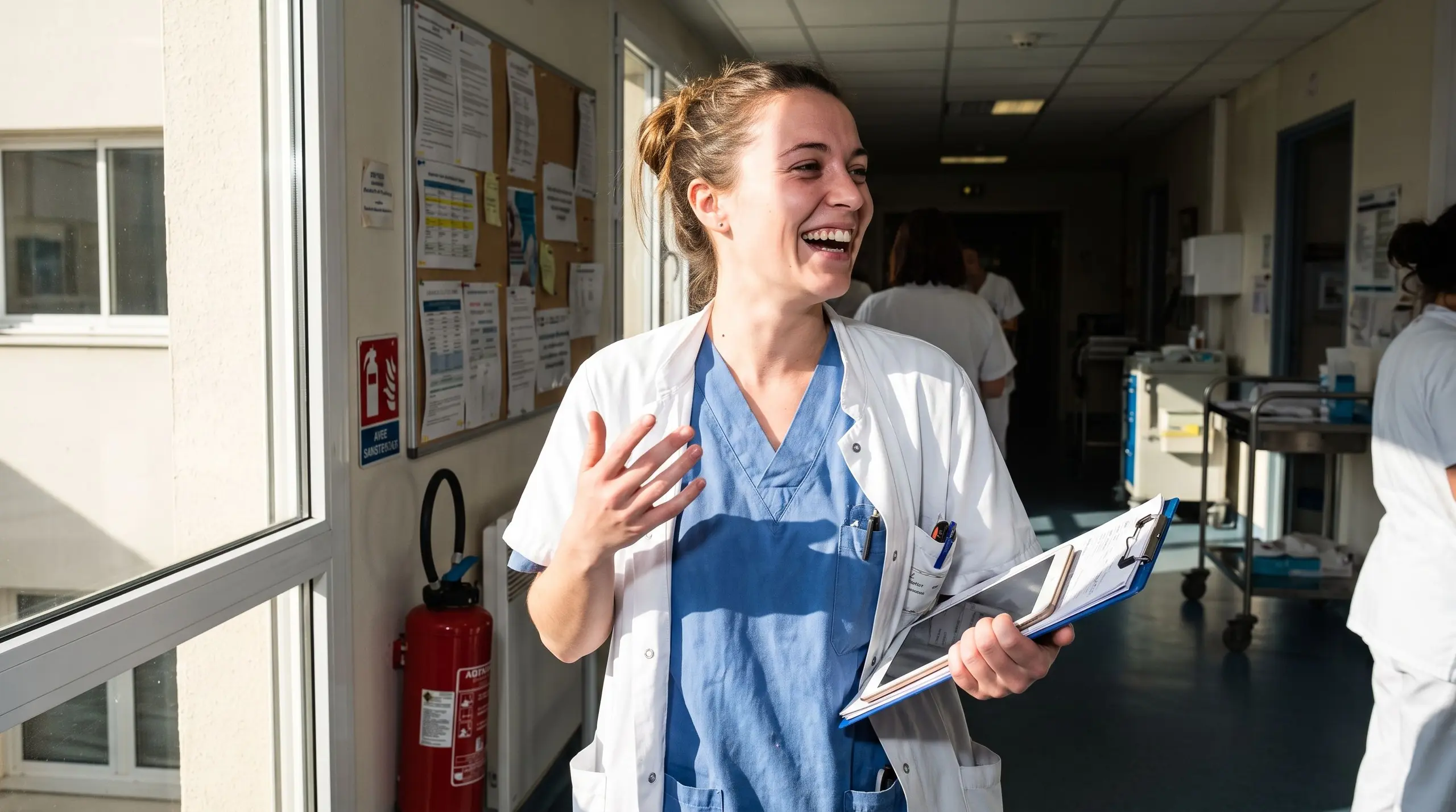 Une professionnelle de santé souriante en blouse blanche tient un dossier dans le couloir d'un hôpital.