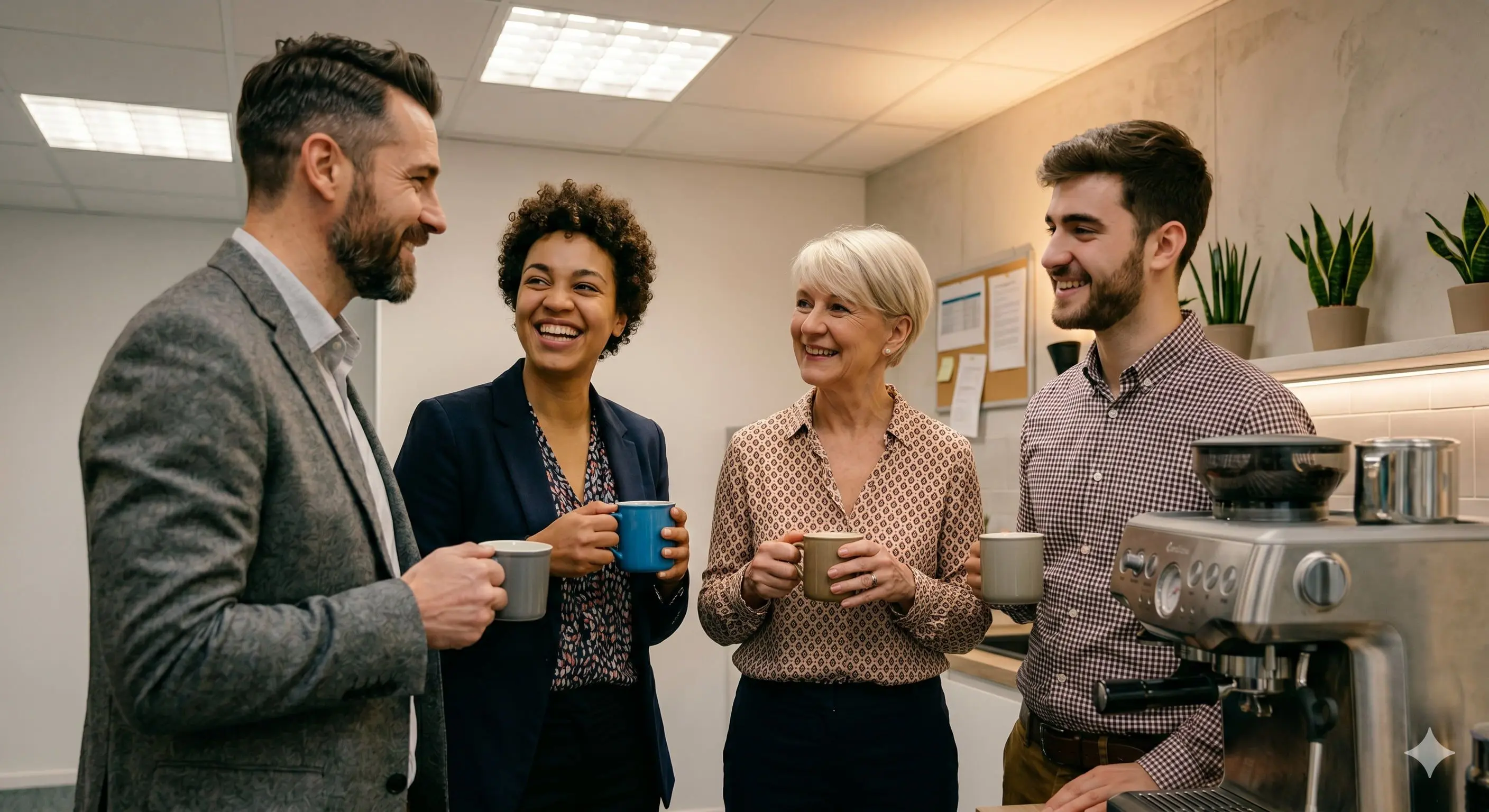 Quatre collègues sourient et échangent chaleureusement autour de la machine à café de leur entreprise.