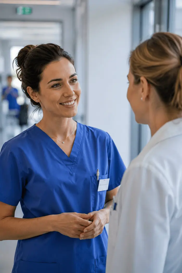 Une professionnelle de santé en blouse bleue sourit en discutant avec une collègue en blouse blanche.