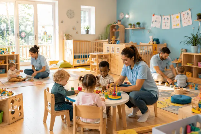 Des professionnels de la petite enfance accompagnent des enfants lors d'activités d'éveil dans une crèche.