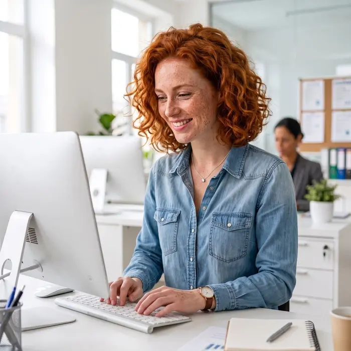 Une professionnelle souriante travaille sur son ordinateur dans un bureau moderne et lumineux.