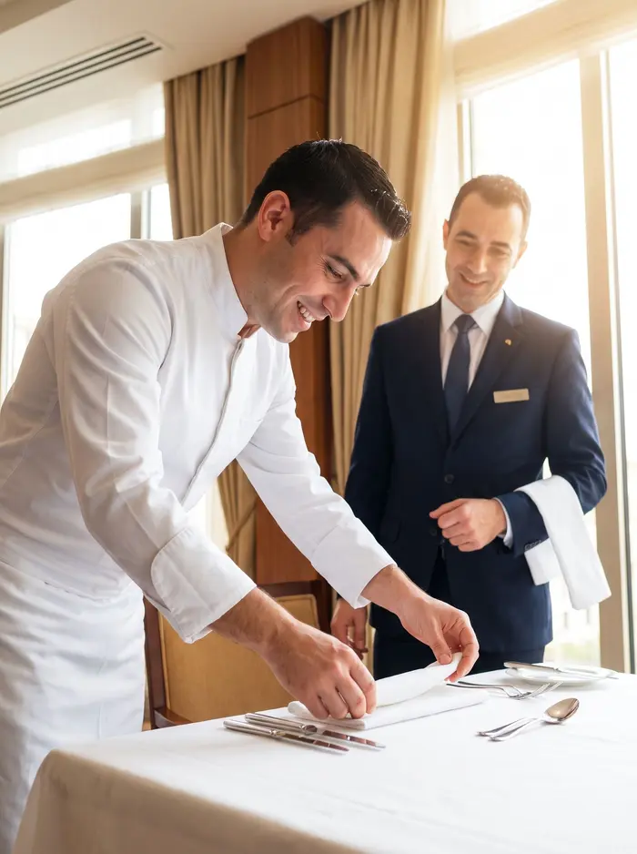 Un chef et un serveur en costume dressent avec soin la table du restaurant d'un hôtel de luxe.