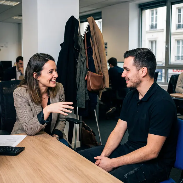 Une chargée de recrutement échange avec un candidat lors d'un entretien d'embauche.