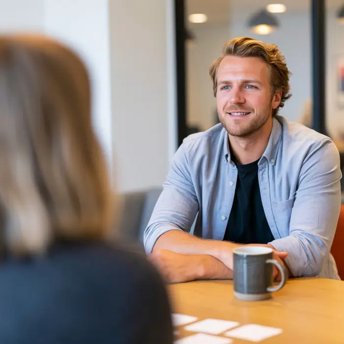 Un conseiller à l'emploi échange avec bienveillance et proximité lors d'un entretien de recrutement.