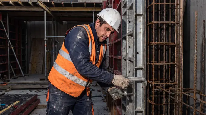 Un coffreur-bancheur équipé d'un casque et d'un gilet de sécurité ajuste un coffrage métallique sur un chantier.