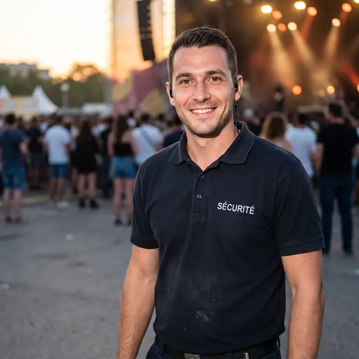 Un agent de sécurité professionnel souriant en polo noir lors d'un événement festif en plein air.