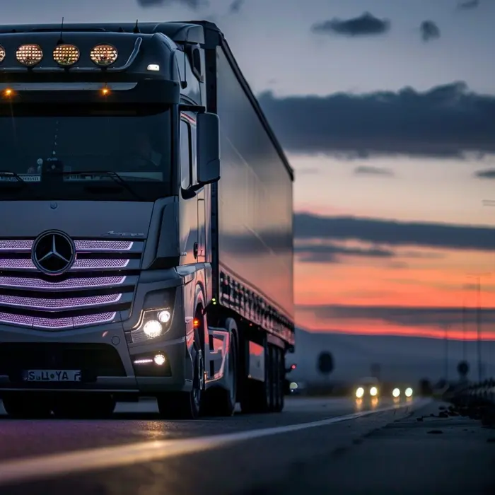 Un camion poids lourd roule sur la route au coucher du soleil lors d’une mission de transport routier.