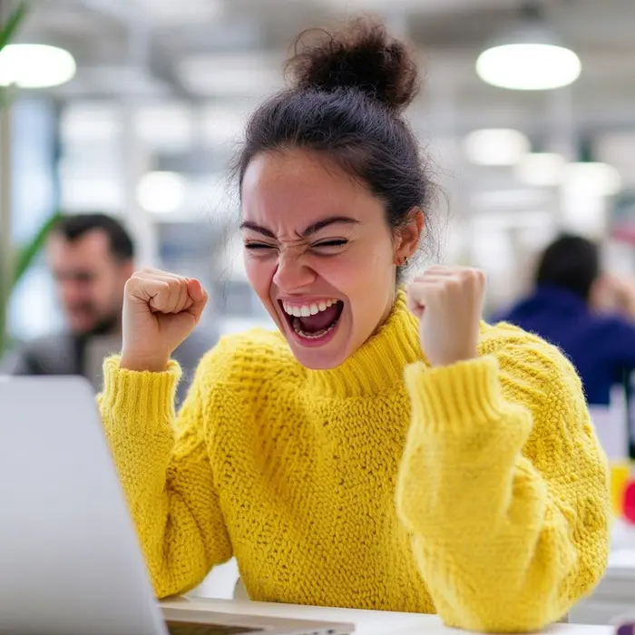 Une femme en pull jaune exprime sa joie, les poings serrés face à son ordinateur portable au bureau.