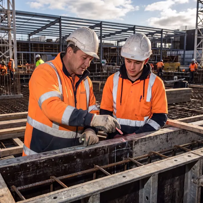 Un ouvrier du BTP expérimenté transmet son savoir-faire à un jeune collègue sur un chantier.