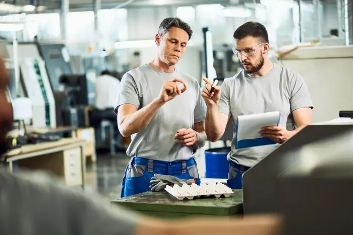 Deux professionnels de l'industrie examinent une pièce technique dans un atelier de fabrication.