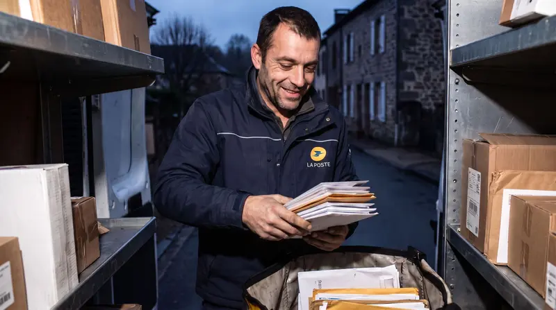 Un facteur trie le courrier à l'arrière de sa camionnette de livraison.