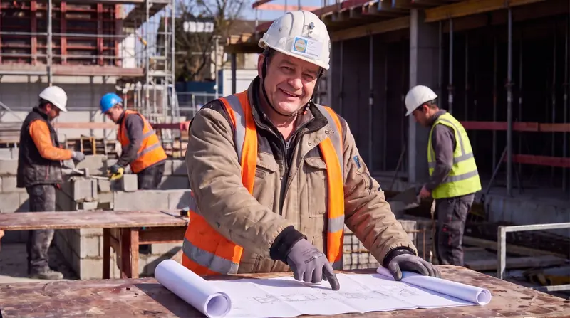 Un chef de chantier souriant consulte des plans sur une table de travail, entouré d'ouvriers en activité.